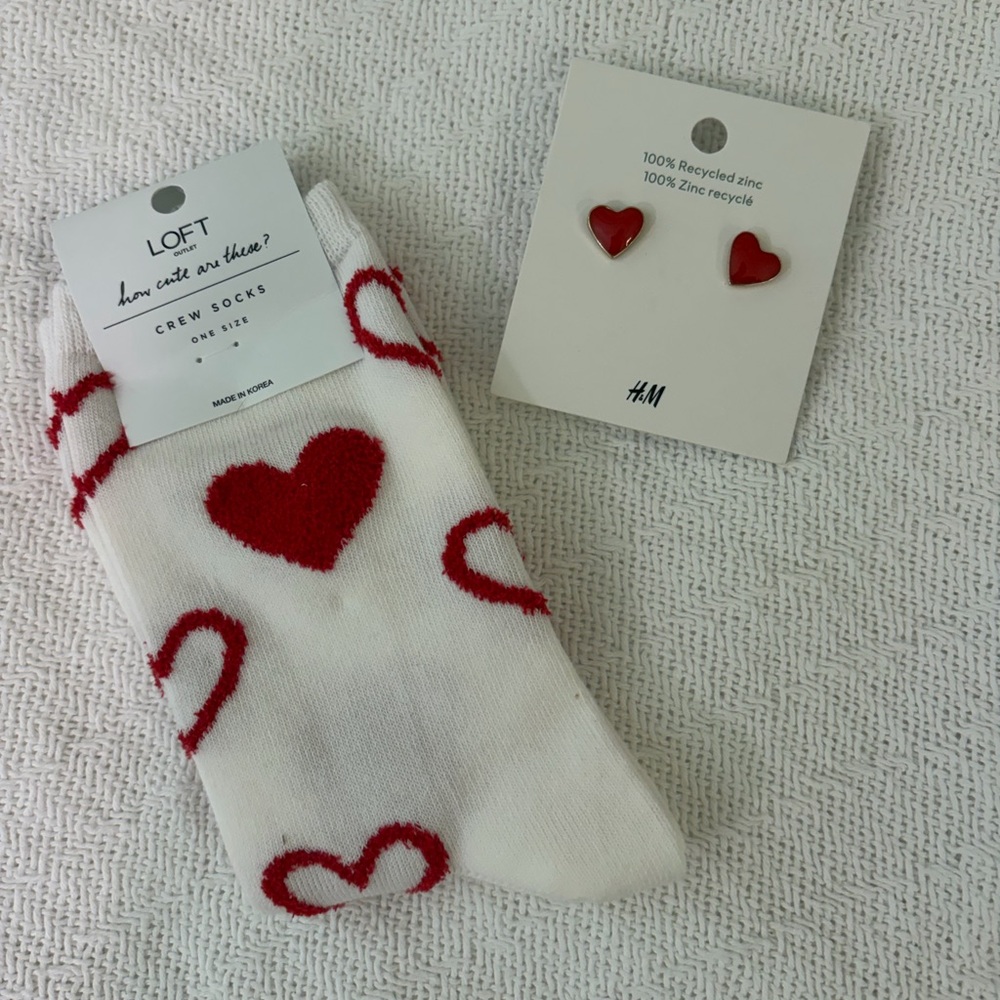 NWT/Set of Loft White Crew Socks with Red Hearts/H&M red heart enamel earrings